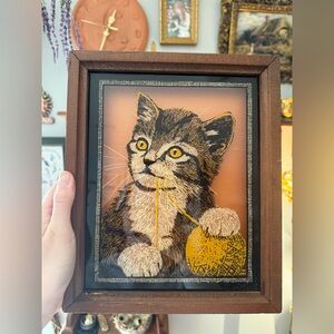 Vintage Cottage Core Wood Framed Cat with Yarn Picture